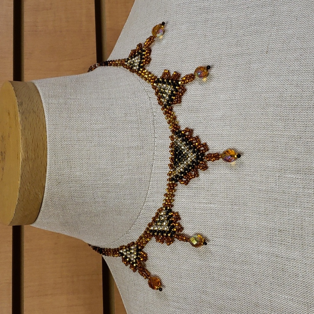 Beaded Collar Necklace Amber Black White Fringe Artisan Boho Statement